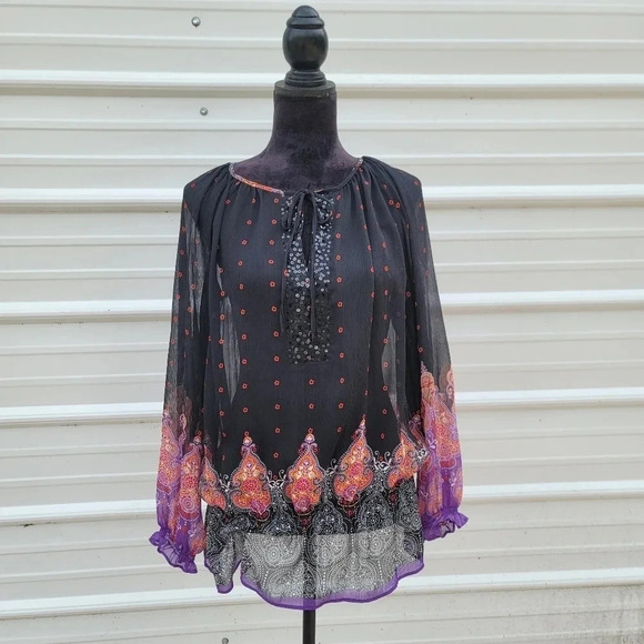 Sunny Leigh Women's Sheer Black Paisley Purple Orange Print Blouse Top Long Sz S - Picture 5 of 9